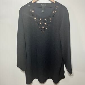 Maggie Barnes Tunic Black Textured Knit Jewel Embellished Split V Neck Dressy 3X